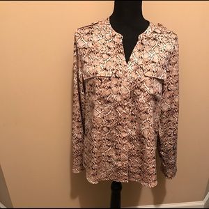 Calvin Klein long sleeve, tan, brown and white, “snake print” blouse